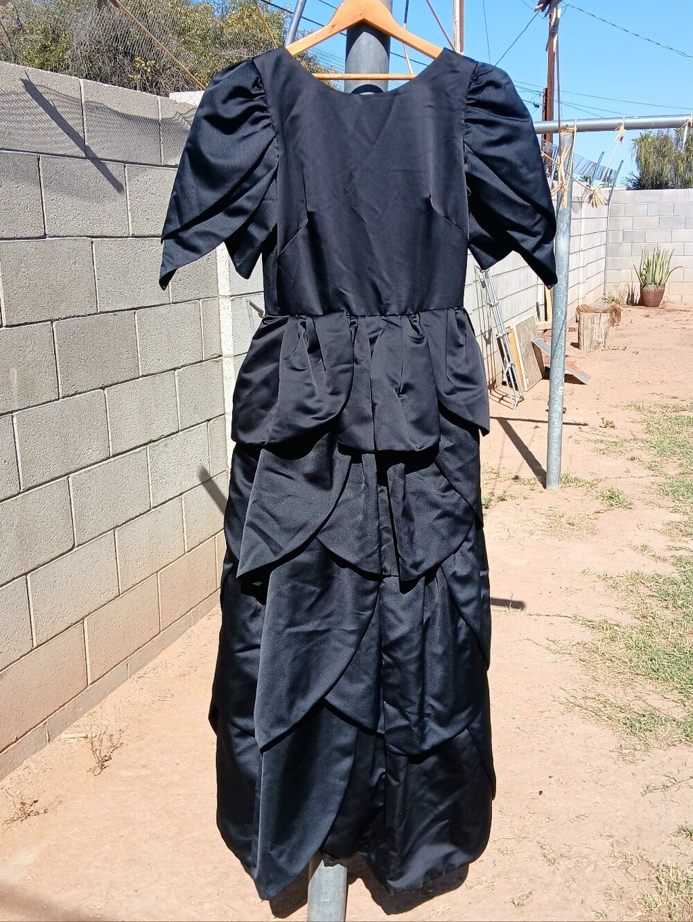 Black Puff-Sleeve Tiered Satin Dress - Women's Evening Dress. VINTAGE